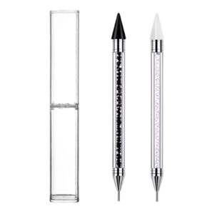 NFRBTD 2 Pcs Rhinestone Picker Dotting Pen, Dual-Ended Nail Rhinestone Picker Tool, Nail Dotting Tool Wax Pencil, Gems Crystals Pickup Tool for Nail Art DIY (Black, White)