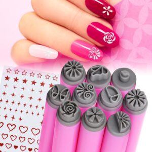 Nail Art Stamp Pen Set – 10pcs Professional Nail Stamping Kit with Floral Patterns>Silicone Tools for DIY Nail Art Designs for Beginners Women Girls (10Pcs Set)