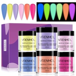 Vrenmol Glow in the Dark Acrylic Powder Set – Acrylic Nail Powder 6 Neon Colors Nail Art Powder Set for DIY Acrylic Nails French Nail Art Design No Nail Lamp Needed