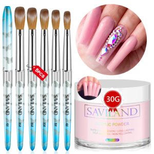 Saviland Acrylic Powder Brush Set – 30g Pink Acrylic Powder for Nails and 5PCS Professional Size 4/8/10/12/16 Kolinsky Acrylic Nail Brushes for Acrylic Application