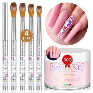 Saviland Acrylic Powder Brush Set – 30g Pink Acrylic Powder for Nails and 4PCS Professional Size 6/10/12/14 Kolinsky Acrylic Nail Brushes for Acrylic Application Manicure Nail Art DIY