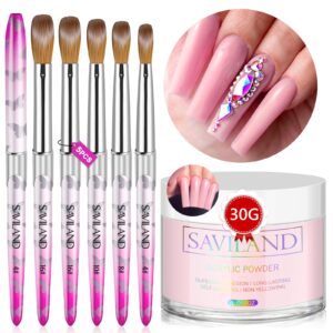 Saviland Pink Acrylic Powder Brush Set – 30g Pink Acrylic Powder for Nails and 5PCS Professional Size Size 4/8/10/12/16 Kolinsky Acrylic Nail Brushes for Acrylic Application