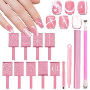 XEAOHESY 13 Pieces Pink Cat Eye Magnet for Nails Double-Ended Hexagon Nail Magnet Stick Flower Cat Eye Magnetic Pen 9 Stripe Nail Magnet Plates With Different Patterns Cat Eye Gel Polish Nail Art
