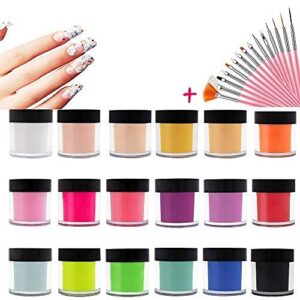 NAUXIU 18 Colors Acrylic Powder Set + 15 Pcs Brush for Nails Art Tips Decoration> Colored Acrylic Nail Powder DIY Design Manicure Extension for Beginners