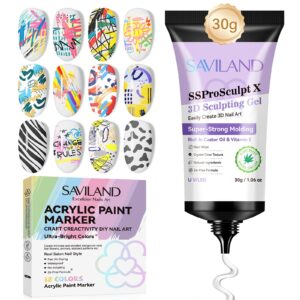 SAVILAND Gel Nail Art Kit: 12 Colors Quick Drying Nail Polish Pens with 30g No Wipe Clear 3D Nail Gel Sculpting Gel for Nail Art Design