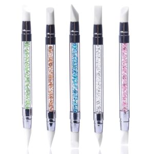 Hicream 5Pcs Silicone Nail Art Acrylic Pen Brushes, Rhinestone Handle Double-Ended Nail Art Pen, for 3D Effect Shaping Drawing Dotting Tools and Design Nail Foil Carving Drawing