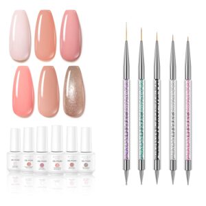Makartt Nail Art Brushes Set 5PCS Double-End Nail Design Brushes Bundle With Gel Nail Polish, Skin Tones Nude Gillter Pink Brown Neutral 6 PCS 8ML