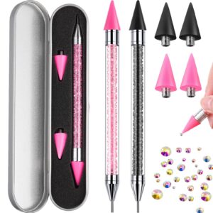 Tatuo 2 Pieces Nail Rhinestone Picker Dual Ended Wax Pen for Rhinestones Dotting Gems Crystals Studs Picker Crystal Beads Handle Manicure Nail Art DIY Making Tool(Pink, Black)