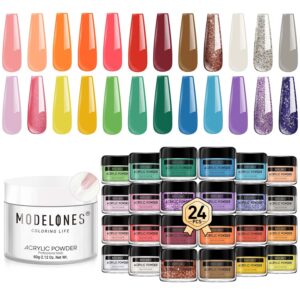 Modelones 2oz Clear & 24 Colors Acrylic Powder> Spring Summer Colors Nail Acrylic Powder Pink Blue Neon Acrylic Nail Powders for French Nail Art 3D Manicure Gift Beginner> No Nail Lamp Needed