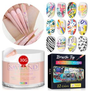 Saviland Acrylic Powder and Nail Art Pens Set – 12 Colors Quick Drying Nail Polish Pens for Nail Art & 30g Nudes Acrylic Powder for Nails Extension & 3D Nail Carving