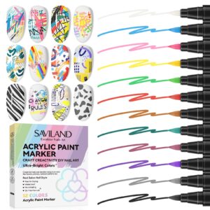 SAVILAND Nail Art Pens Set: 12 Colors Quick Drying Acrylic Paint Markers 3D Nail Polish Pens for Nail Art Color-fast Nail Point Dotting Drawing Painting Liner Pens Nail Art Design Tools Kit Home DIY