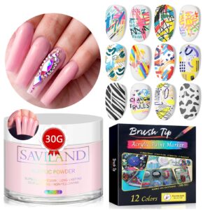 Saviland Acrylic Powder and Nail Art Pens Set – 12 Colors Quick Drying Nail Polish Pens for Nail Art & 30g Pink Acrylic Powder for Nails Extension & 3D Nail Carving