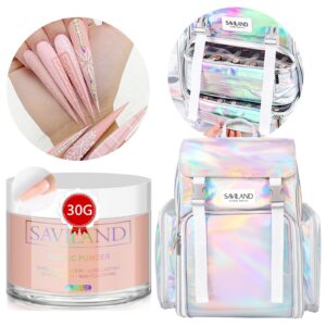 Saviland Nudes Acrylic Powder & Nail Polish Organizer Bag Set: Large Nail Kit Organizer Holds 70 Bottles> Holographic Nail Polish Carrying Case with with 2 Removable Pouches & Nail Art Tools Storage