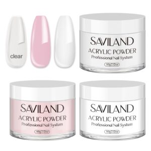 Saviland Acrylic Powder Set – 2.12Oz* 3 Clear White/Pink/Acrylic Powder for Beginners Long Lasting Acrylic Powder for Nail Extension & Carving French Manicure for Home DIY No Need Nail Lamp