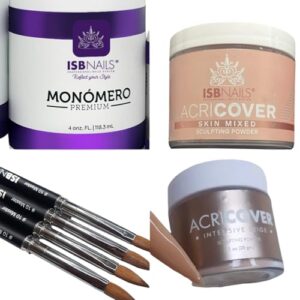 Acrylic Powder Nails Acricover by ISB NAILS set 2 piece intensive beige> skin mixed 2 onz each and 1 Monomer Premium 04 onz and 1 brush ISB Nails master #10