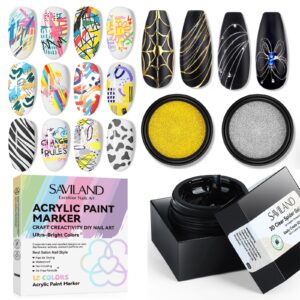 SAVILAND Nail Art Kit: 12 Colors Quick Dry Nail Polish Pens for Nail Art Design with 5g Clear 3D Spider Gel Polish and Metallic Silver Gold Chrome Nail Powder for Easy 3D Nail Art Home Manicure DIY