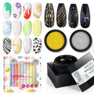 SAVILAND Nail Art Kit: 12 Colors Nail Polish Pens for Nail Art with 5g Clear 3D Spider Gel Polish and Metallic Silver Gold Chrome Nail Powder for Easy 3D Design Home Manicure DIY