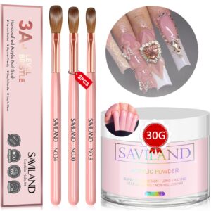 Saviland Pink Acrylic Powder – 30g Professional Colored Acrylic Nail Powder and 3PCS Acrylic Nail Brush Set Size 8/10/14 Kolinsky Acrylic Nail Brushes