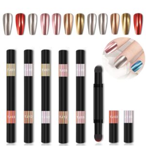 Joyeee Air Cushion Nail Powder Pen>6 Pcs Long Lasting Holographic Mirror Effects Nail Manicure Cushion Magic Pen Laser Phantom Glitter Chrome Nail Powder Aurora Pearlescent Manicure 0.5g/Box