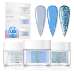 Saviland Acrylic Powder Set – Blue Glitter Acrylic Nail Powder Professional Polymer Powder System for Nail Extension Nail Art Manicure DIY Home Salon Design