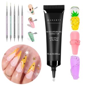 Makartt 5pcs Double-Ended Nail Art Brushes Set with 3D Gel Nail Art Sculpting Gel, /7/9/11/20mm Liner Brush and Nail Dotting Pens, 15g No Wipe Clear Gel Polish for Nail Designs
