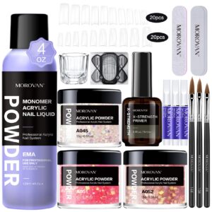 Morovan Acrylic Nail Kit – Acrylic Powder and Monomer Acrylic Nail Liquid Set 3 Colors Acrylic Nail Powders Professional with Primer Acrylic Brush Nail Forms Tips