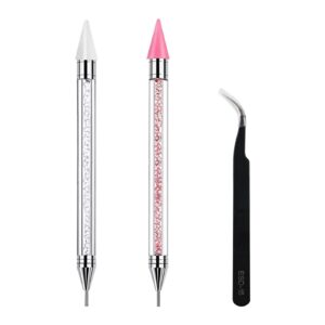 Nail Rhinestone Picker Tool,2 Pcs Dual-Ended Wax Pen Rhinestone Picker with 1Pcs Tweezer, gem picker tool Nail Art Tools Set for Nail Art DIY Decoration, Pink + White