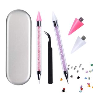 2PCS Dual-Ended Nail Rhinestone Picker Tool, BOMOQING Wax Tip Pencil Pick up Applicator, DIY Nail Dotting Pen with 1PCS Tweezers, Nail Art Pen for Gems, Stones, Crystals, Nail Accessories for Manicure