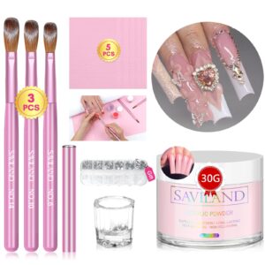 Saviland Pink Acrylic Powder – 30g Professional Colored Acrylic Nail Powder and 3PCS Acrylic Nail Brush Set Size 14 10 6 Kolinsky Acrylic Nail Brushes Kit