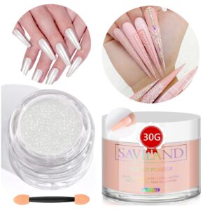 Saviland Acrylic Chrome Nail Powder Set – 1oz Acrylic Powder for Nails & 1g Metallic Mirror Nail Chrome Powder for Nails> Professional Gel Polish White Pearl Chrome Nail Powder for Nail Decorations