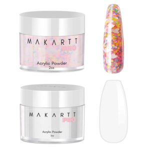 Makartt Pre Mixed Glitter Acrylic Powder Bundle with Clear Color Acrylic Nail Powder(2OZ)
