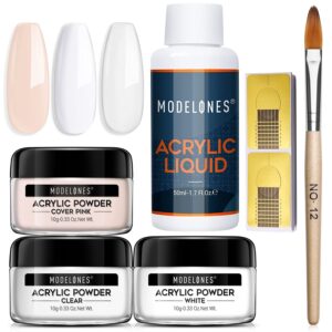 MODELONES Acrylic Powder with Professional Liquid Monomer for Nail Extension Clear/White/Nude All in One Kit with Carrier Bag Acrylic Nail Brush Nail Form No Need Nail Lamp> MMA Free Monomer
