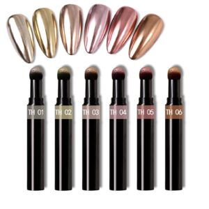 Joyeee Air Cushion Nail Powder Pen>6 Pcs Long Lasting Holographic Mirror Effects Nail Manicure Cushion Magic Pen Laser Phantom Glitter Chrome Nail Powder Aurora Pearlescent Manicure 0.5g/Box