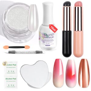 Saviland White Pearl Chrome Nail Powder Kit: 2PCS Reusable Chrome Nail Powder Applicator Nail Brush with Metallic Mirror Effect Pearl Chrome Powder for Na