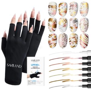SAVILAND Metallic Nail Art Pen & Nail Glove Set – 12 Colors Quick-Drying 3D Nail Polish Pens Fine Tip for Painting>Drawing>Graffiti & Dotting Tools for Nail Art & UPF200+ U V Gloves for Nails