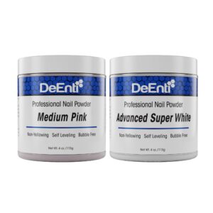 DeEnti Pink & White Acrylic Nail Powder Set> Medium Pink + Bright White> 4oz each> Professional Nail Powder for Manicure> Nail Art> Fake Nails> Nail Carving and Extensions