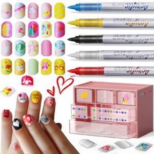Nail Art Pens Set for Girls>DIY Kids Nail Art Kits with 3D Press-On Nail>Clear Fake Nail Tips>DIY Sticker>Nail Accessories Nail Drawing Painting Pen for Salon Toys