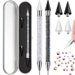 Tatuo 2 Pieces Nail Rhinestone Picker Dual Ended Wax Pen for Rhinestones Dotting Gems Crystals Studs Picker Crystal Beads Handle Manicure Nail Art DIY Making Tool(Black, White)