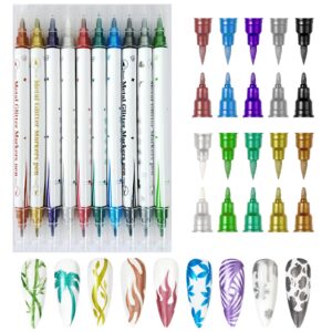 Gorvalin 10 Colors Double Ended Metallic Nail Art Marker Pens>3D Metallic Nail Graffiti Dotting Drawing Point Pen Sets Nail Art Painted Pen Nail Design Kit for Nail Design Nail DIY Decoration