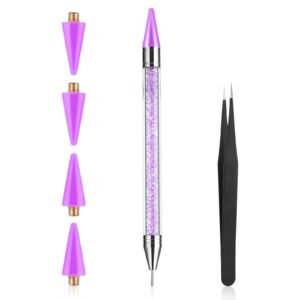 Prasacco Rhinestone Picker Tool, Rhinestones Applicator Tools Rhinestone Picker Dotting Wax Pen Nail Art Tool with 4 Purple Replaceable Wax Head and 1 Tweezer for DIY Nail Art Tool