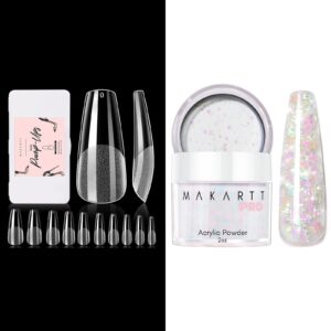 Makartt Glitter Acrylic Nail Powder> 2oz Mixed Sparkly Pink Yellow Star Acrylic Powder Bundle with Makartt 500Pcs Soft Gel Full Cover Nail Tips> Medium Coffin Clear Fake Nail Tips