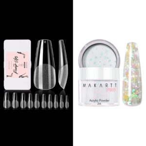 Makartt Glitter Acrylic Nail Powder> 2oz Mixed Yellow Green Butterfly Sparkly Acrylic Powder Bundle with Makartt 500Pcs Soft Gel Full Cover Nail Tips> Medium Coffin Clear Fake Nail Tips