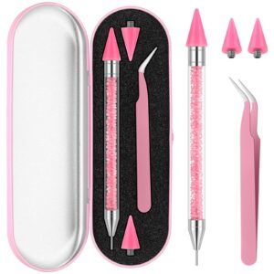 Tatuo Rhinestone Picker Tool Set Wax Pen for Rhinestones Diamond Art Painting Dual Head Dotting Pen with 2 Extra Wax Tips and 1 Nail Art Tweezer for Nail Art DIY Crafts(Pink)