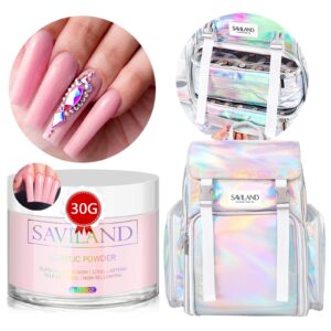 Saviland Pink Acrylic Powder & Nail Polish Organizer Bag Set: Large Nail Kit Organizer Holds 70 Bottles> Holographic Nail Polish Carrying Case with with 2 Removable Pouches & Nail Art Tools Storage