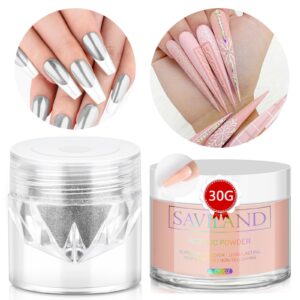 Saviland Acrylic Chrome Nail Powder Set – 1oz Acrylic Powder for Nails & 1g Metallic Mirror Silver Nail Chrome Powder for Nails> Professional Gel Polish Chrome Nail Powder for Nail Decorations