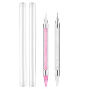 2pcs Rhinestone Picker Tool, Rhinestone Applicator Pen Double-Ended Wax Pencil for Rhinestones Wax Nail Rhinestone Picker Dotting Pen for Nail Design DIY (White, Pink)