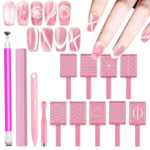 WOKOTO 13Pcs Pink Cat Eye Nail Magnets For Cat Eye Nails Art Magnet Tools Cute Pink Series Cat Eye Magnet For Nails Flower Cylindrical Magnet For Women Nails Magnetic Nail Polish Magnets Tools