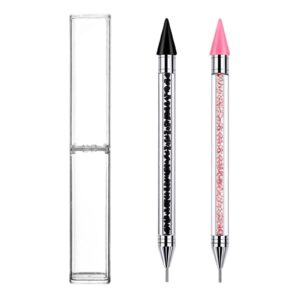 2 Pcs Rhinestone Picker Dotting Pen, Dual-Ended Nail Rhinestone Picker Tool, Nail Dotting Tool Wax Pencil, Gems Crystals Pickup Tool for Nail Art DIY (Black, Pink)