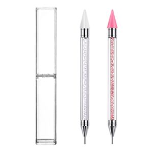 NFRBTD 2 Pcs Rhinestone Picker Dotting Pen, Dual-Ended Nail Rhinestone Picker Tool, Nail Dotting Tool Wax Pencil, Gems Crystals Pickup Tool for Nail Art DIY (White, Pink)