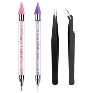 2 Pack Rhinestone Picker Tool Dotting Pen, Wax Pencil for Rhinestones with Tweezer, Crystal Gem Diamond Jewel Applicator, Rhinestone Tool for Crafting Bedazzling DIY Nail Art